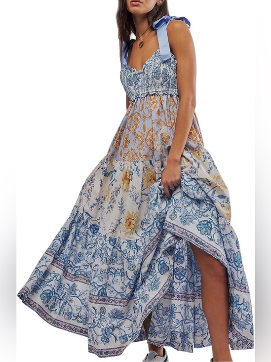 Dresses & Skirts - Bohemian Blue Floral Tiered Maxi Dress with Tie Straps